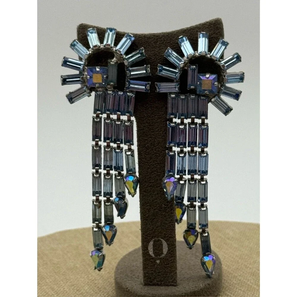 Weiss vintage Blue Crystal Drop Statement Earrings